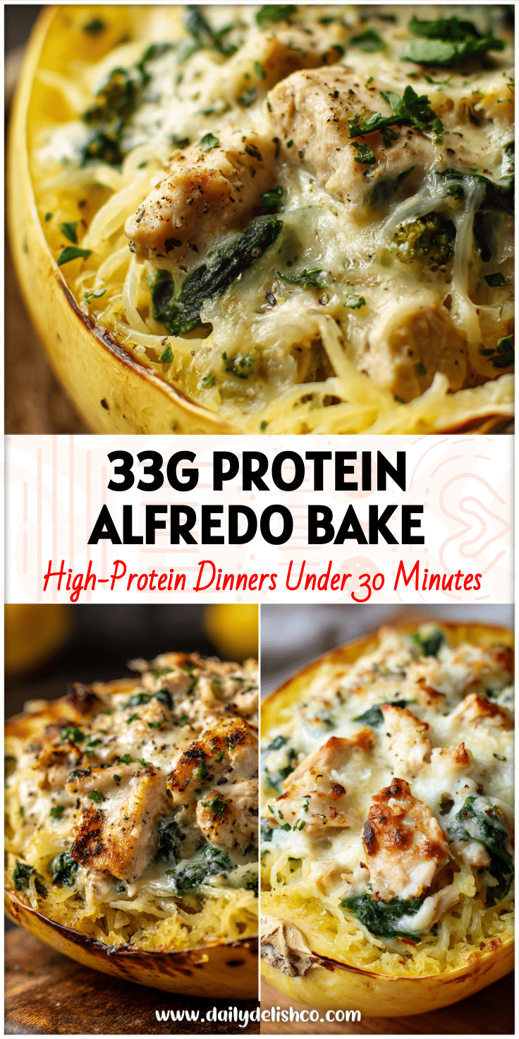 Creamy Alfredo Stuffed Spaghetti Squash with turkey, chicken, spinach, and broccoli in a Tuscan keto recipe style